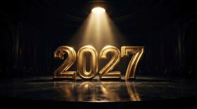 Golden 2027 numbers on a dark stage with spotlight