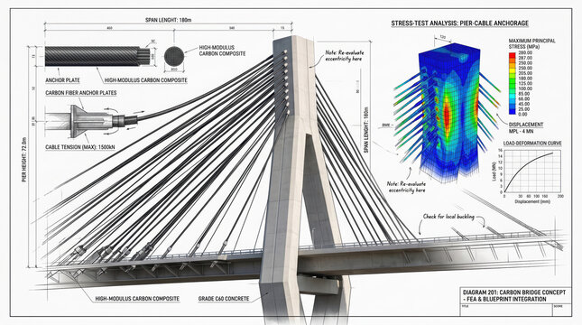 Engineering design integrating finite element analysis with architectural blueprints for a modern cable stayed bridge using high modulus carbon composite materials