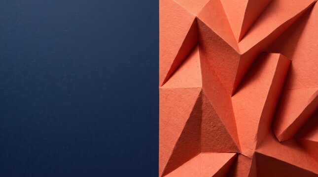 Abstract orange paper geometric folded structure on a dark blue background, creative origami art with sharp triangular shadows
