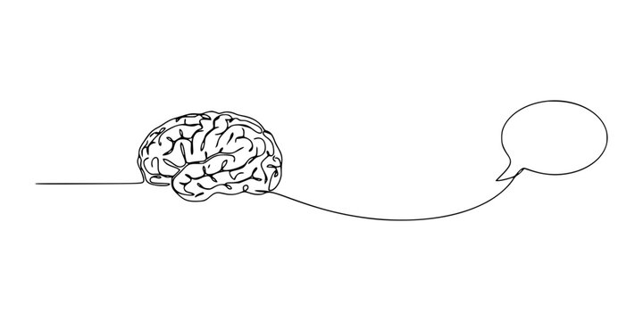 Continuous single line drawing of a human brain connected to an empty speech bubble for creative thinking and communication ideas