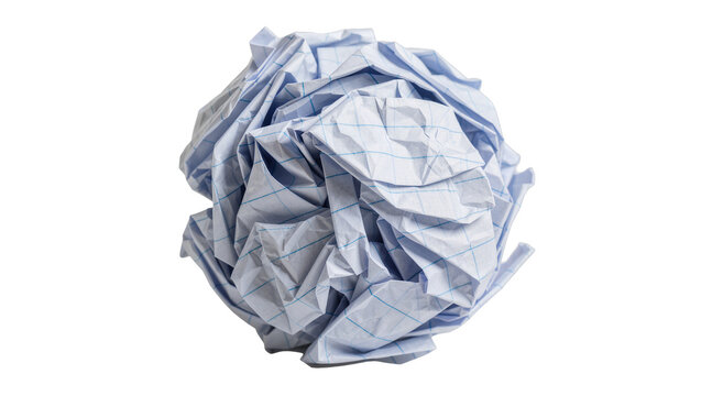 Crumpled blue lined paper ball, isolated on transparent background