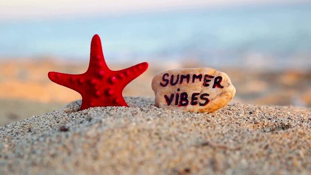 Red starfish and summer vibes stone placed on sandy tropical beach at seaside during beautiful sunny day.