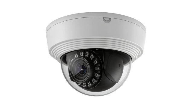 White dome security camera with black lens and IR LEDs, isolated on transparent background