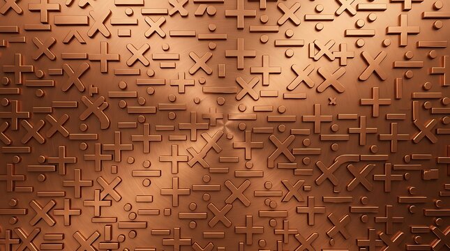 Shiny copper metal background with embossed math symbols like plus minus multiply and divide signs pattern texture