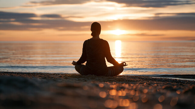 Vertical composition of a woman meditating on a beach at sunset distant rear silhouette seated cross legged beside calm water dark foreground sand preserved beneath subdued
