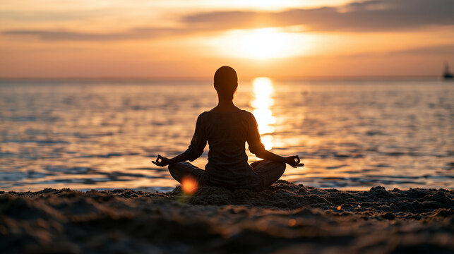 Vertical composition of a woman meditating on a beach at sunset distant rear silhouette seated cross legged beside calm water dark foreground sand preserved beneath subdued