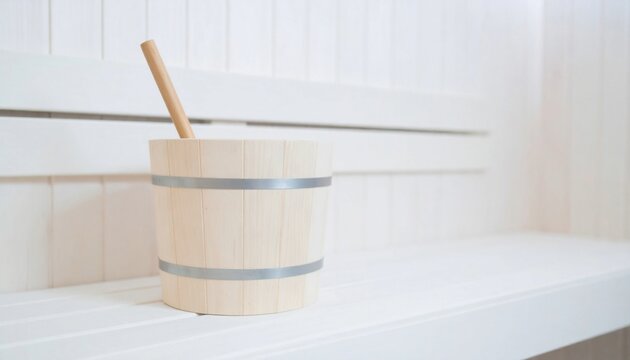 Wooden sauna bucket and ladle with rising steam