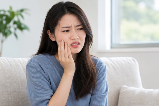 woman touching her cheek with a toothache