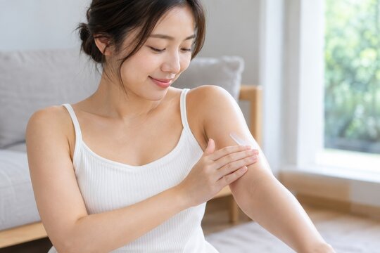 woman applying lotion to her arm