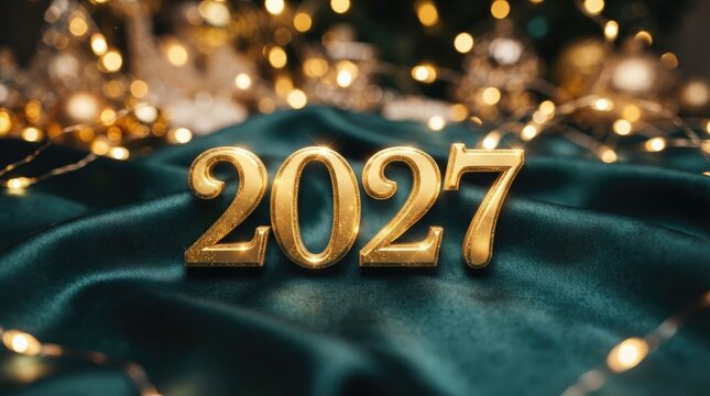 Gold 2027 numbers on dark green fabric with bokeh lights