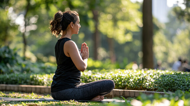 Young Indian woman practicing yoga in a leafy park medium rear view of a steady seated posture with palms joined at chest height and face turned away simple activewear on a mat