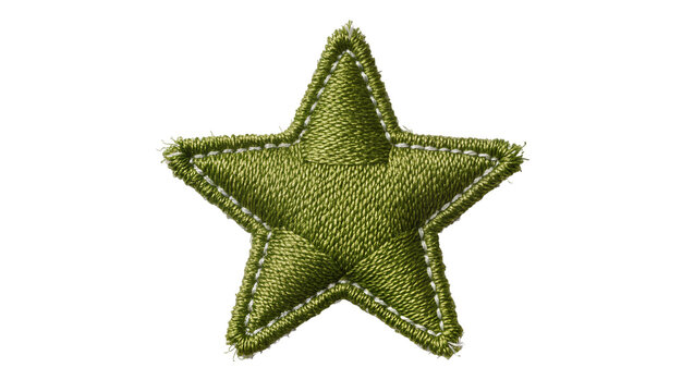 Green fabric star patch with white stitching, isolated on transparent background
