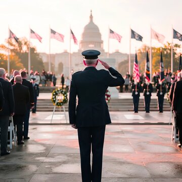 Respectful Veterans Day memorial scene honoring military veterans, featuring a dignified remembrance ceremony and patriotic atmosphere. Suitable for Veterans Day, military remembrance, national memori