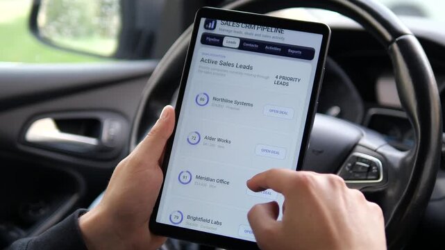 Business user reviews an opportunity pipeline and opens priority sales leads on a tablet, highlighting CRM analytics, mobile deal tracking and data-driven B2B sales management.
