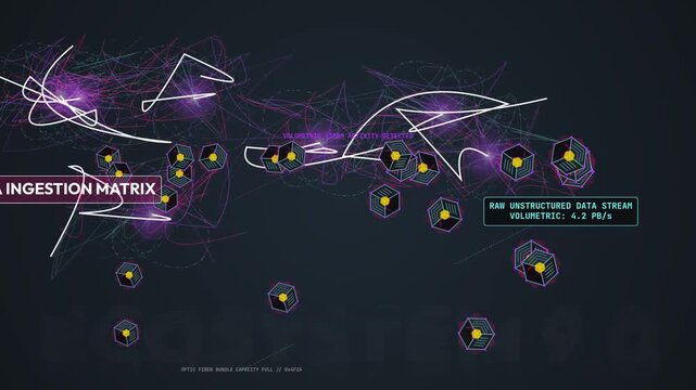 Abstract visualization of a cloud data ecosystem featuring neural extraction robotic arms processing unstructured data streams on a conveyor belt to materialize business insights