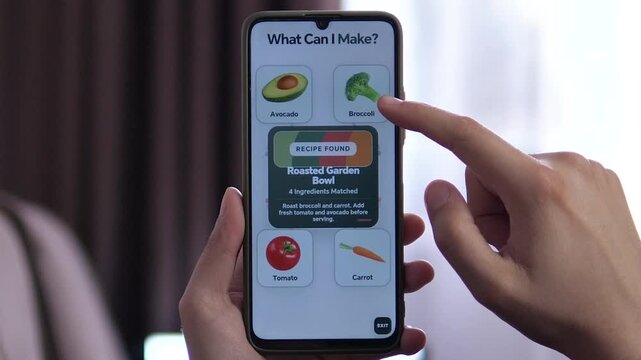 User reviews a smartphone recipe matched to avocado, broccoli, tomato and carrot, highlighting ingredient-based cooking, healthy meal ideas and practical food waste reduction.