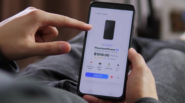 A shopper compares a new smartphone, discounted price, ratings and technical specs on a mobile store, capturing online electronics shopping and digital purchase decisions.