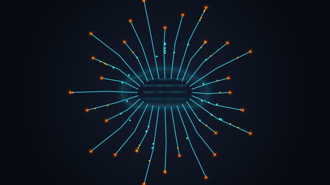 Digital network visualization showing binary data connections radiating outward