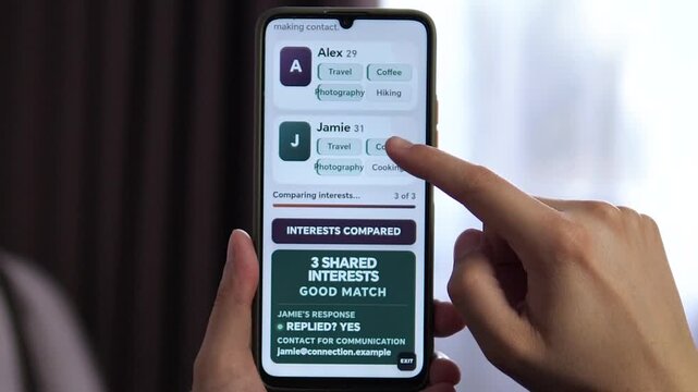 User reviews a successful interest-based match on a smartphone, highlighting digital dating, compatibility scoring and the growing role of shared hobbies in modern relationships.