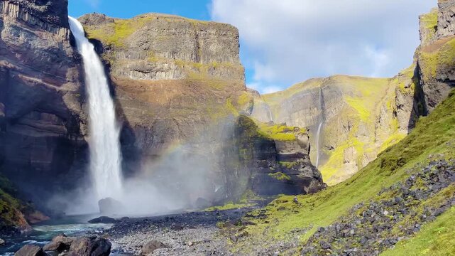 Majestic Aerial View of H&aacute;ifoss Waterfall and Canyon in Iceland