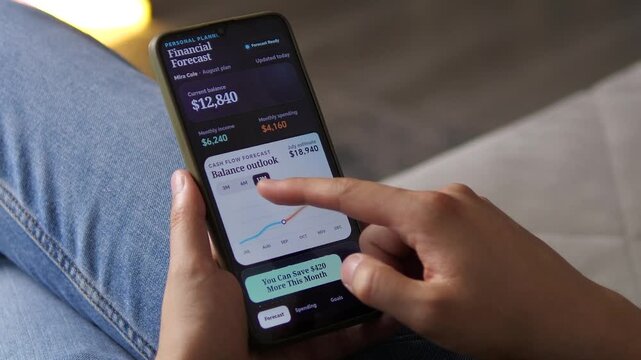 A user compares cash flow projections on a mobile finance app, showing how budgeting tools help track income, spending and future balance during uncertain economic times.
