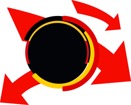 red arrows pointing outward from a circular frame in german flag colors