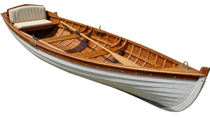 Wooden rowing boat with upholstered seat and oars, isolated on transparent background © Igor