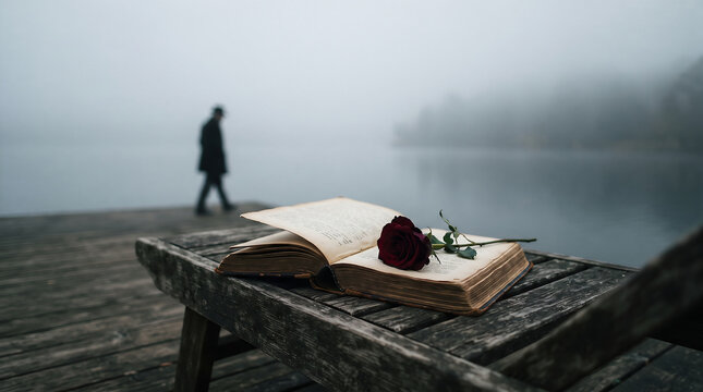 Open book and crimson rose on a rustic bench by a tranquil, misty lake, inviting quiet contemplation as a lone figure walks into the ethereal fog, symbolizing introspection and untold stories