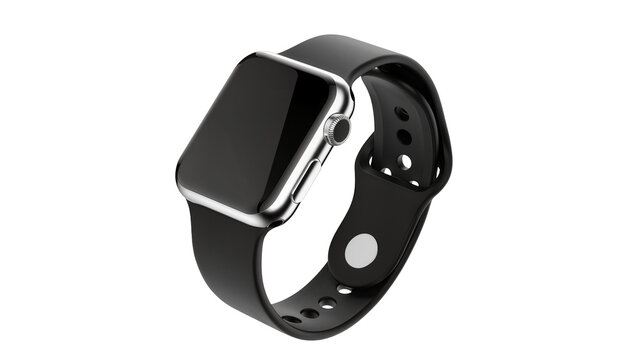 Shiny metallic smartwatch with black silicone band, isolated on transparent background