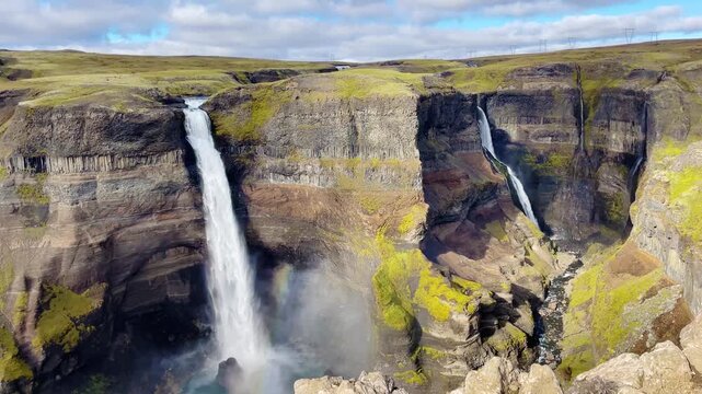 Majestic Aerial View of H&aacute;ifoss Waterfall and Canyon in Iceland