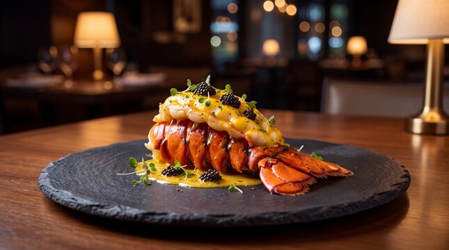 Gourmet lobster tail dish with caviar on slate plate