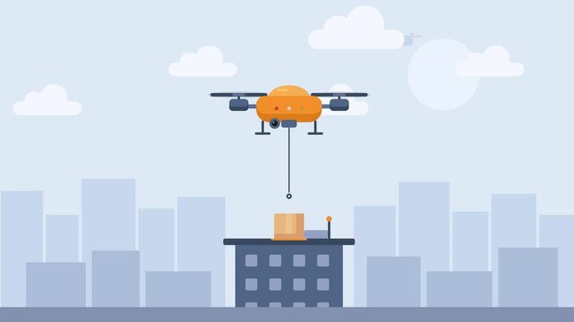 Delivery drone carrying package to rooftop of city building, flat design 2D animation of futuristic drone logistics