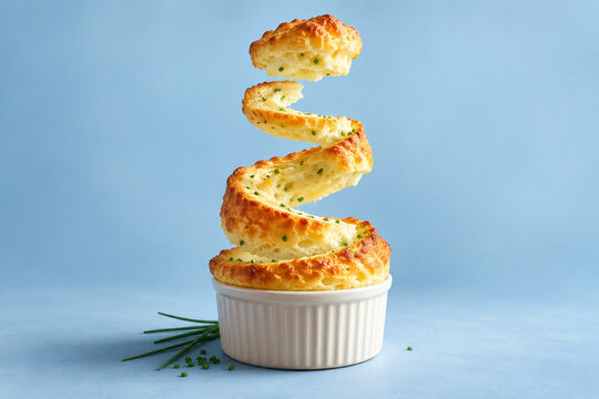 A cheese souffle rises into floating golden steps above an ivory ramekin against blue, transforming airy texture into a surreal staircase that celebrates lightness, skill and the pleasure of flavor.