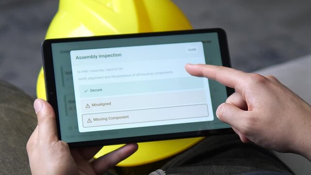 Technician uses a tablet to inspect industrial components and record assembly results, highlighting digital quality control, defect detection and modern construction workflows.