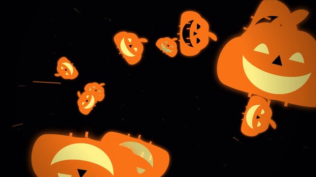 Flying Halloween Pumpkins Warping Toward Camera with Glowing Eyes and Mouth on Dark Background, Jack O Lantern, Spooky Horror, Halloween Celebration and 3D Motion Graphic