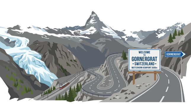 Very beautiful realistic flat vector illustration of Gornergrat alpine mountain route in Switzerland featuring steep mountain roadway, Matterhorn scenery, glaciers, alpine cliffs, Swiss road sign, bil