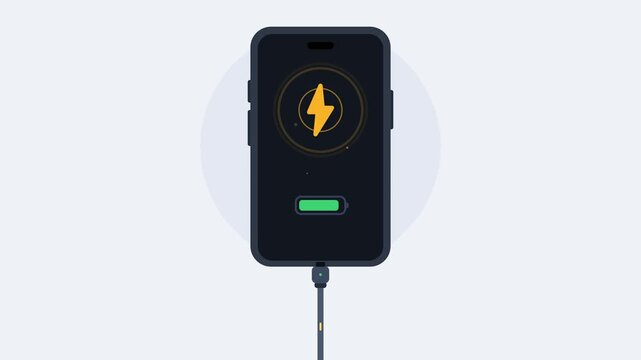 Smartphone charging with lightning bolt and battery indicator filling up, flat 2D animation of mobile phone battery charge