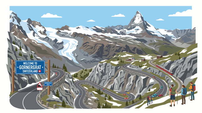 Very beautiful realistic flat vector illustration of Gornergrat alpine mountain route in Switzerland featuring steep mountain roadway, Matterhorn scenery, glaciers, alpine cliffs, Swiss road sign, bil