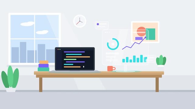 Modern workspace with laptop code and holographic data analytics charts, flat 2D animation of software development and business analysis