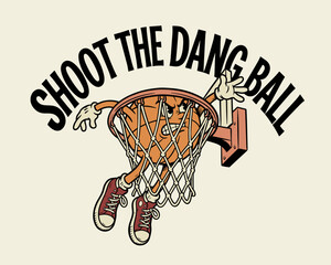 Shoot the dang ball vintage basketball mascot illustration. Retro rubber hose cartoon character. Sporty streetwear design. Angry ball in hoop. © DandiPdn