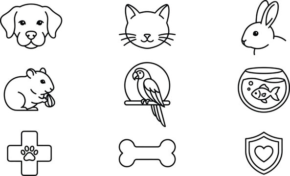 Line art pet care and veterinary icon set featuring dog cat rabbit hamster parrot fish bowl and animal symbols vector