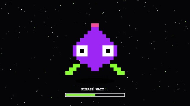 Retro pixel art alien loading screen with progress bars