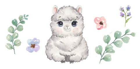 Cute watercolor alpaca - cute little baby llama, white grey fluffy wool character. Illustration for nursery, baby shower, children card, boho collection. © NATALIA
