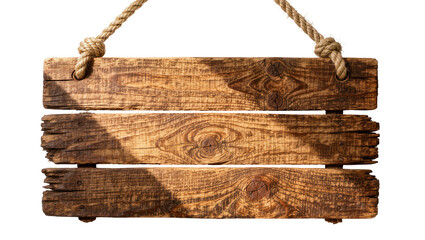 Rustic wooden planks sign with rope hanging, isolated on transparent background © Nicolae
