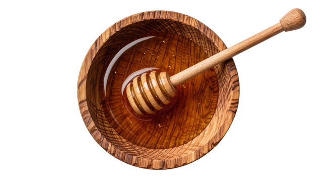 Wooden honey dipper in a rustic wooden bowl filled with golden honey, isolated on transparent background