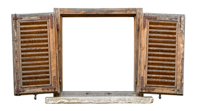 Rustic wooden window frame with open shutters and stone sill, isolated on transparent background