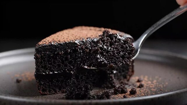 Spoon Taking a Bite of Rich Dark Chocolate Cake Close Up