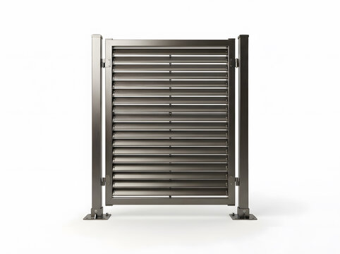 Modern metal louvered ventilation panel with adjustable slats mounted on black frame against white background