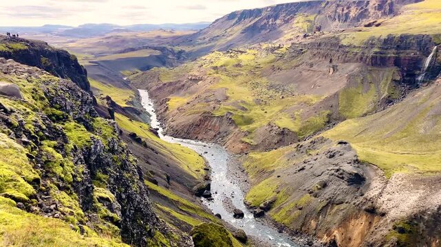 Majestic Aerial View of H&aacute;ifoss Waterfall and Canyon in Iceland