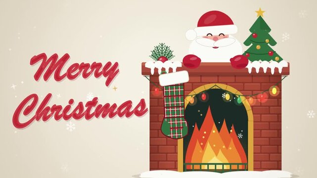 Santa Claus Peeking Over A Fireplace With Christmas Tree And Merry Christmas Text